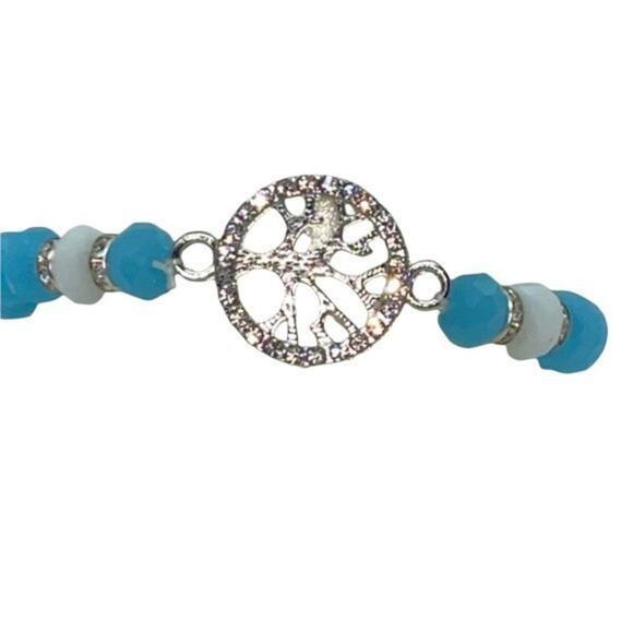 Blue White Beaded Silver-Tone Tree of Life Pendant Rhinestone Stretch Bracelet - Picture 2 of 12